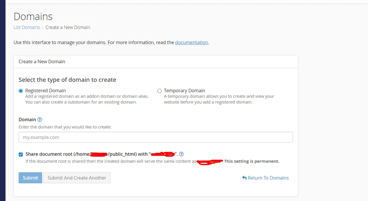 a screenshot of domain section, where you register new domans