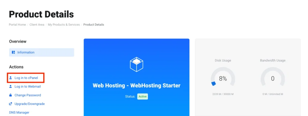 Cpanel log in from Client Area