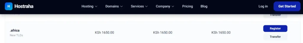 a screenshot of Hostraha's .Africa domain prices