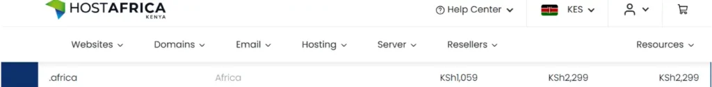 a screenshot of HOSTAFRICA .africa domain prices