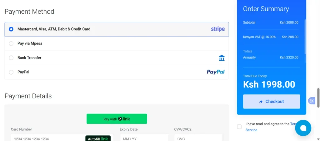 a screenshot of payment methods available when buying .Africa domain