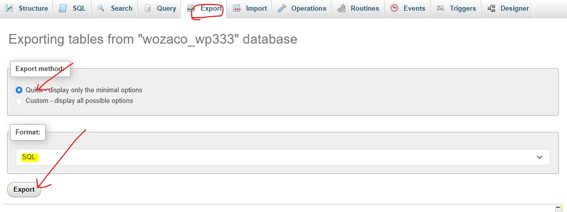 phpMyAdmin database download