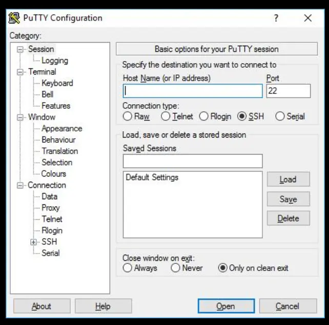a screenshot of putty configuration