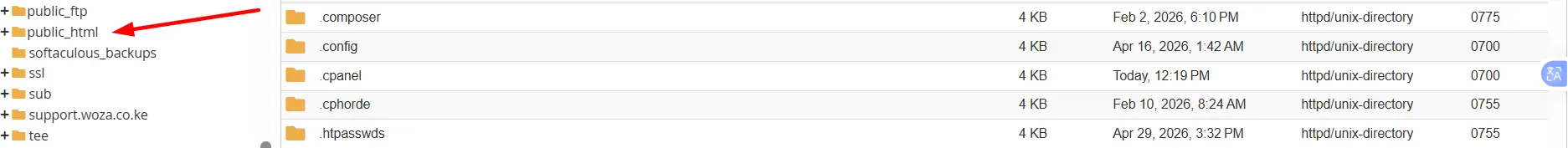 a screenshot of inside cpanel section with public_html directory