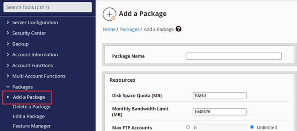 Add reseller packages on WHM