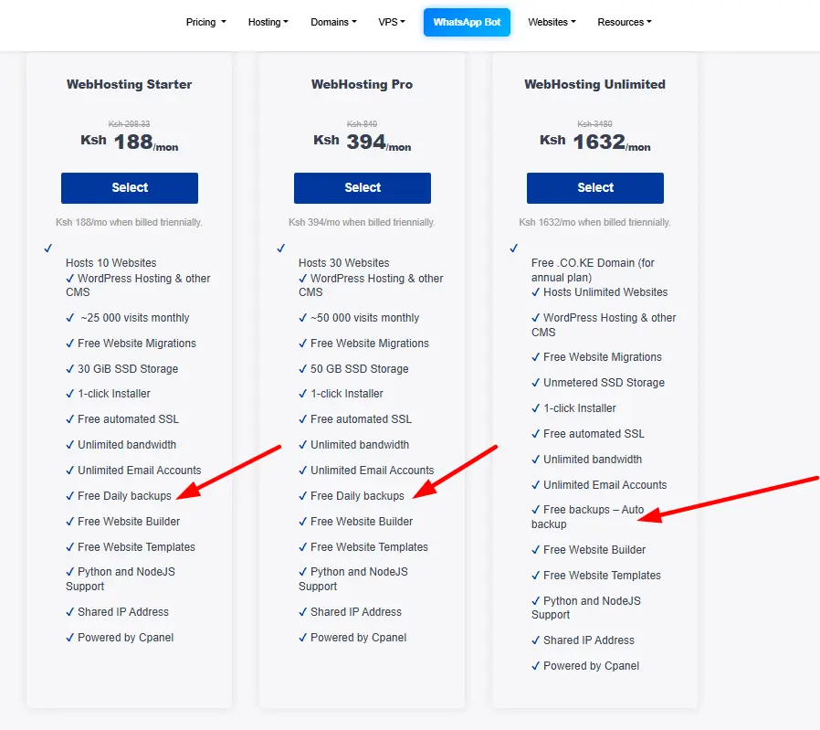 a screenshort of a option of backups in a hosting provider
