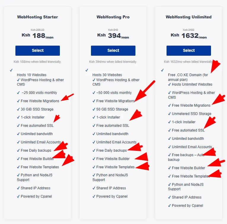 a screenshot of web hosting plans with available free resources that come with each plan