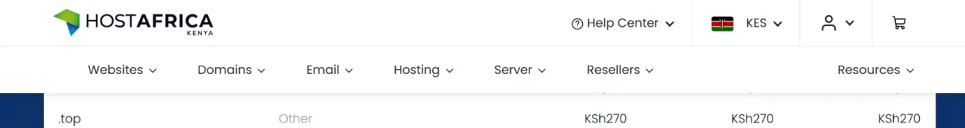 a screenshot of .top domain prices at HostAfrica