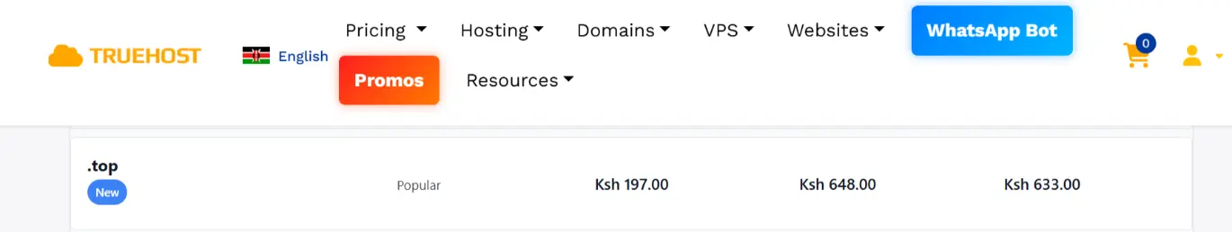 a screenshot of .top domain prices at Truehost