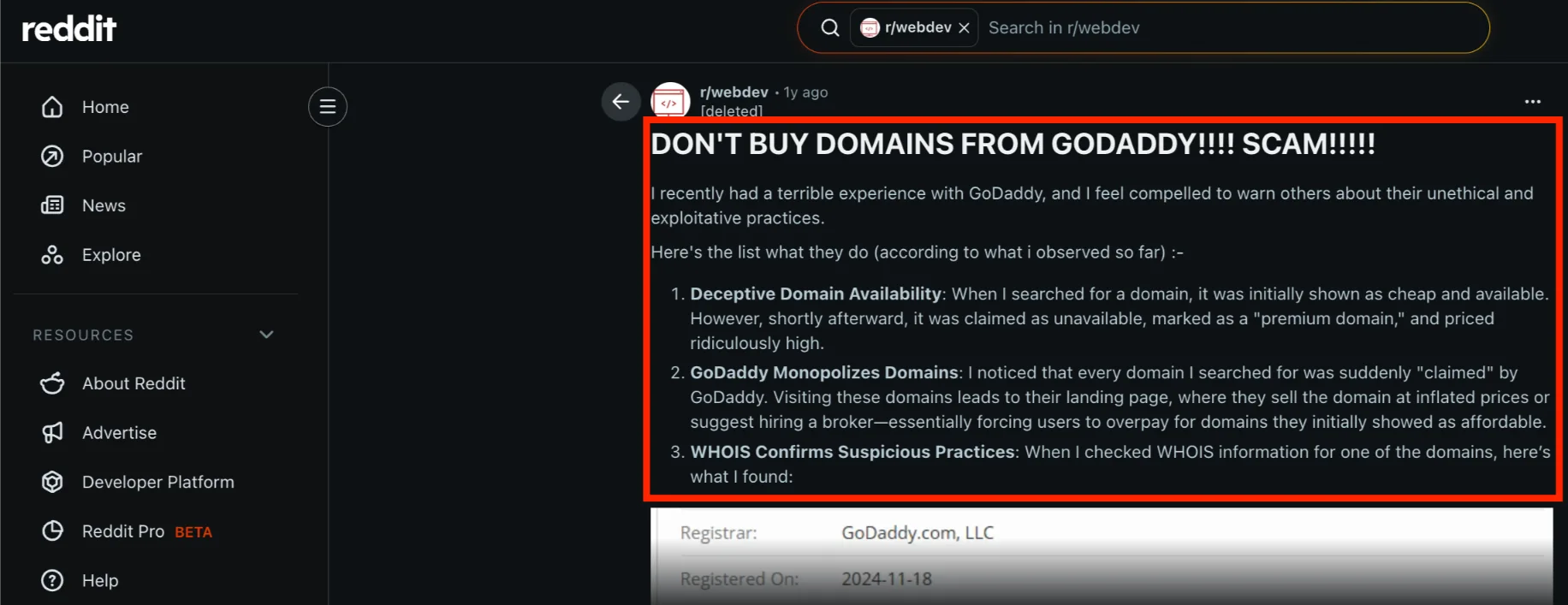 Reddit reviews on GoDaddy domains