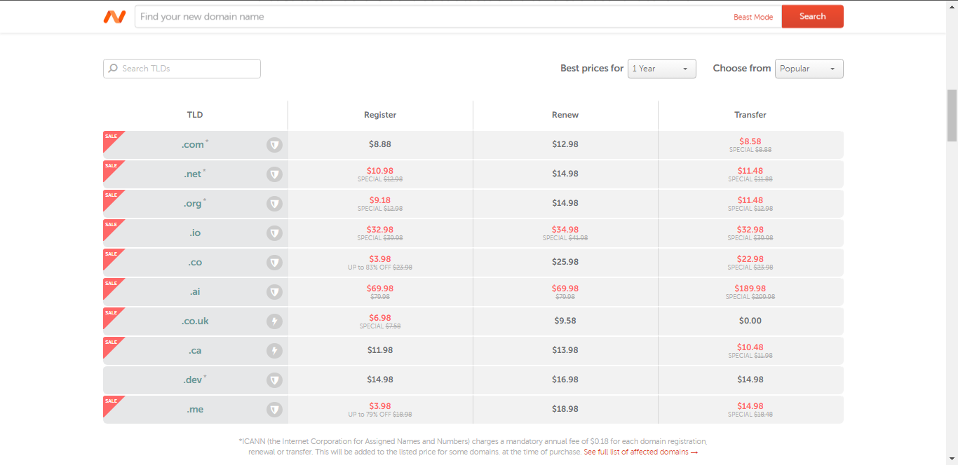 Namecheap in Kenya pricing