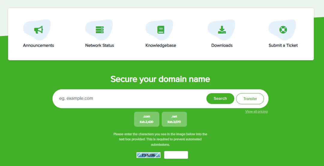 Safaricom domain registration page