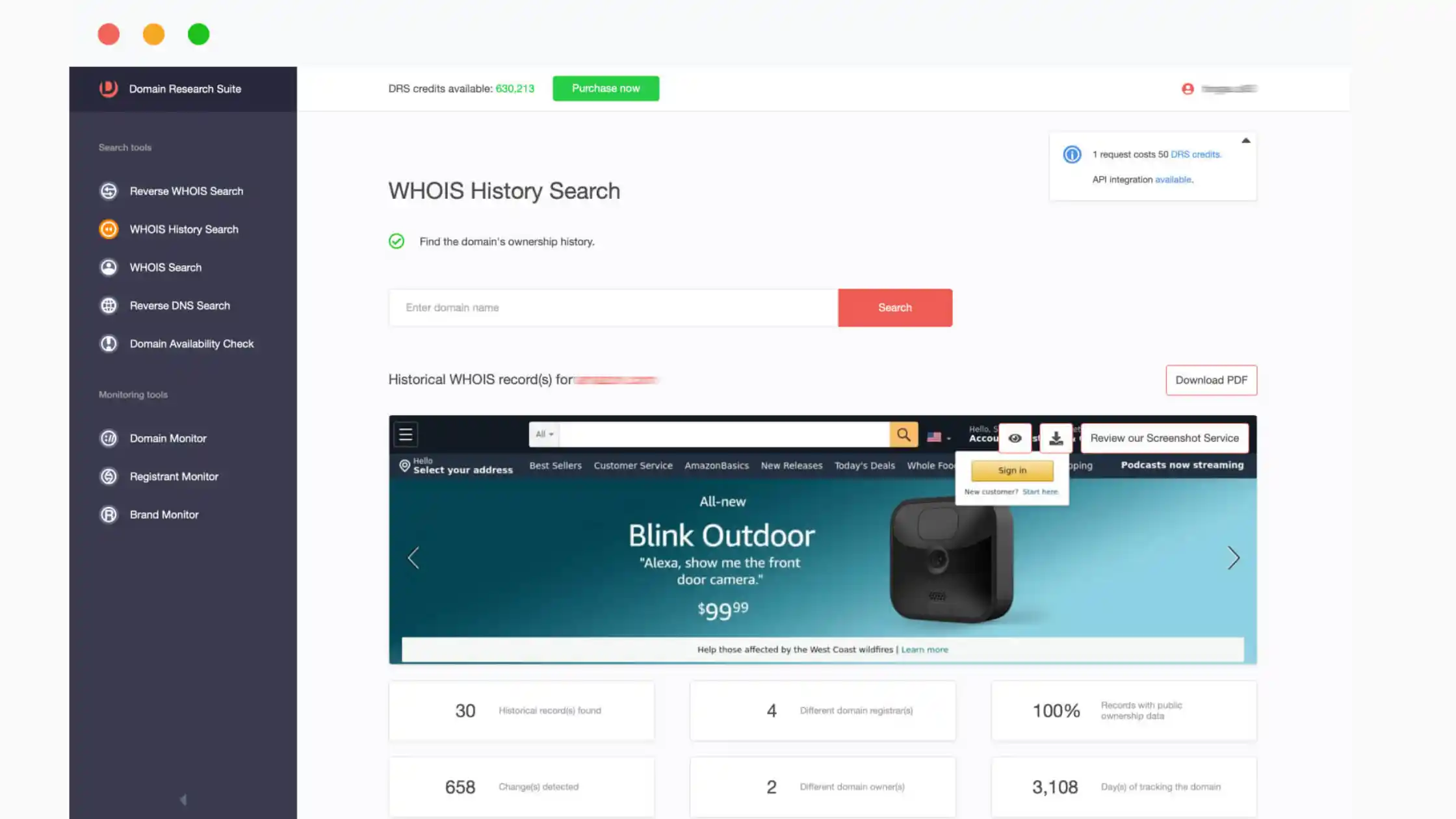 A screenshot of a WHOIS search history