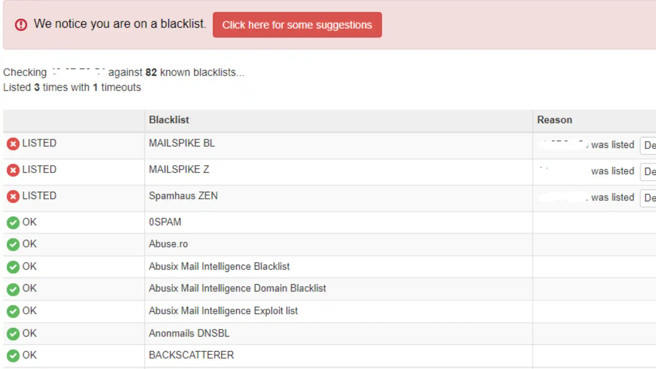 A screenshot of an MXToolbox blacklist check showing “Listed” in red