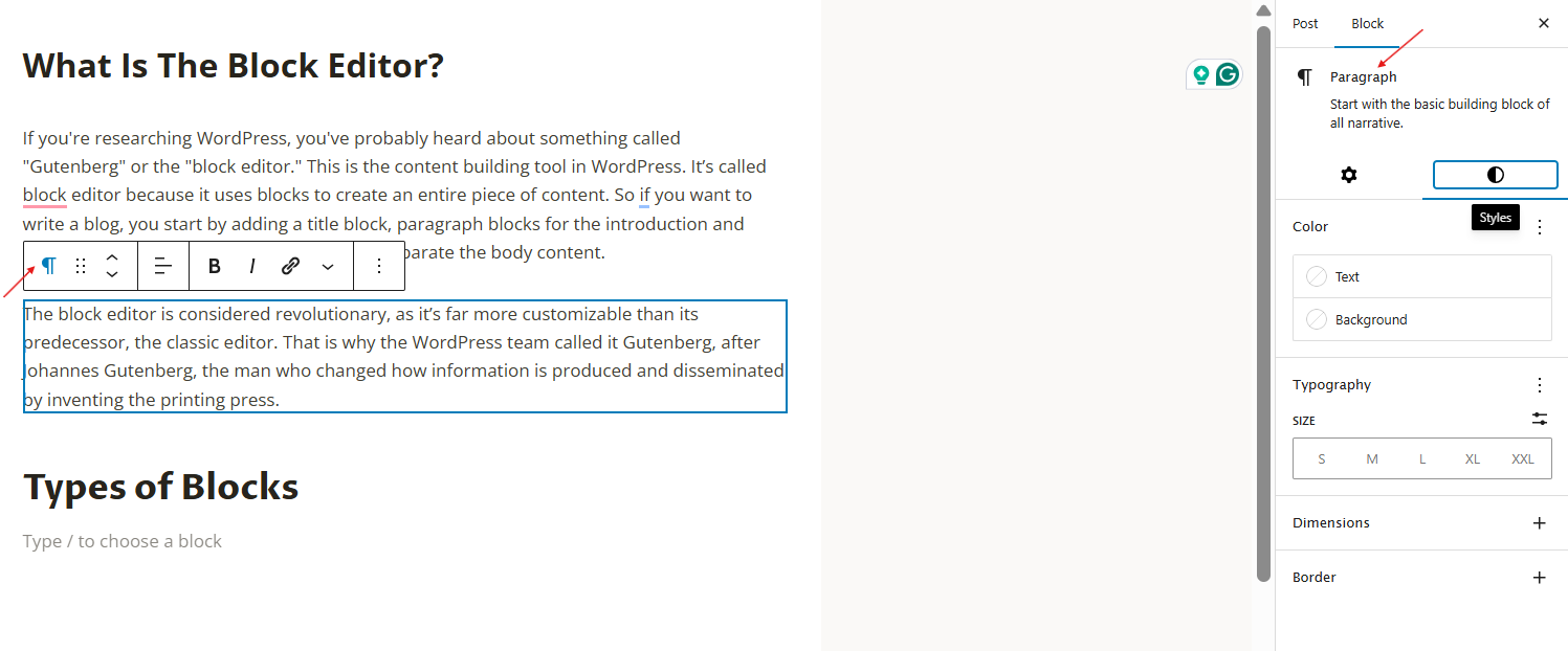 customize blocks from right sidebar