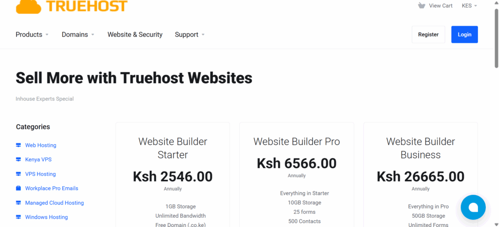 a screenshot of truehost. KE website builder options