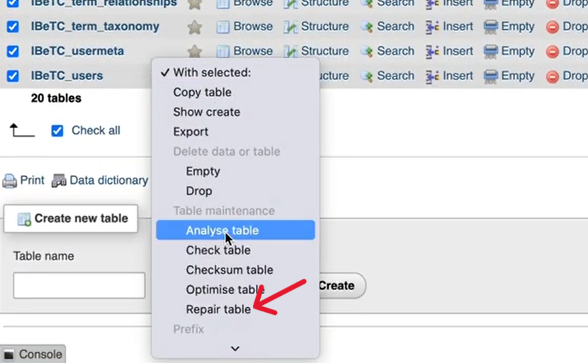 Repair all tables in PhpMyAdmin