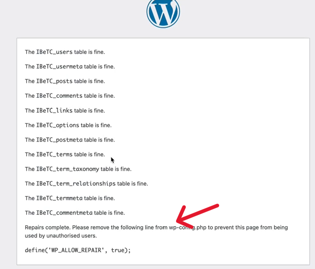 WordPress Database repair status