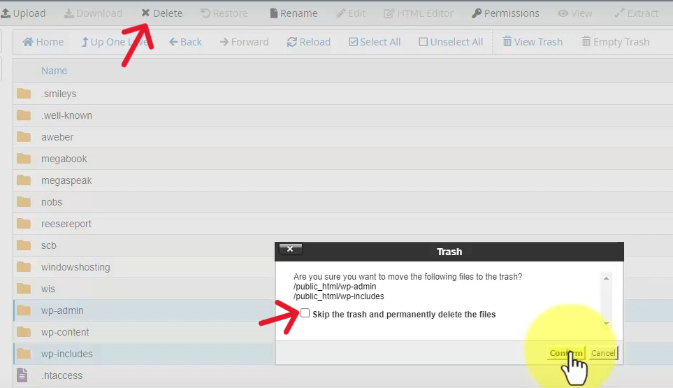 delete wp-admin and wp-includes