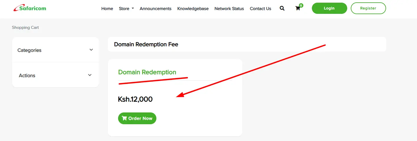 a screenshot of domain redemption fee in safaricom