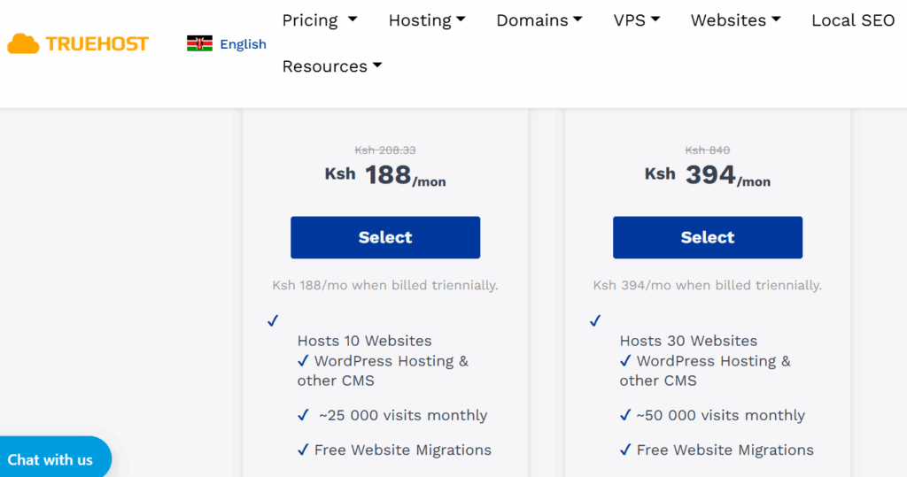 a screenshot of truehost hosting and features offered in all plans including free migration