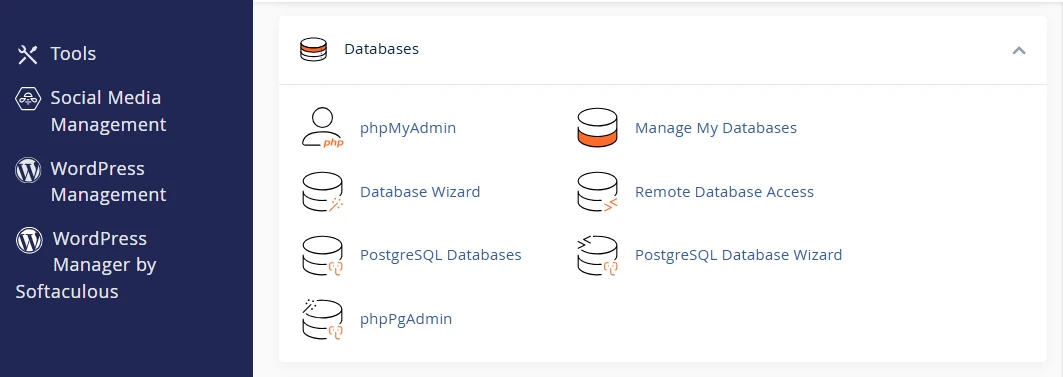 web hosting control panel databases