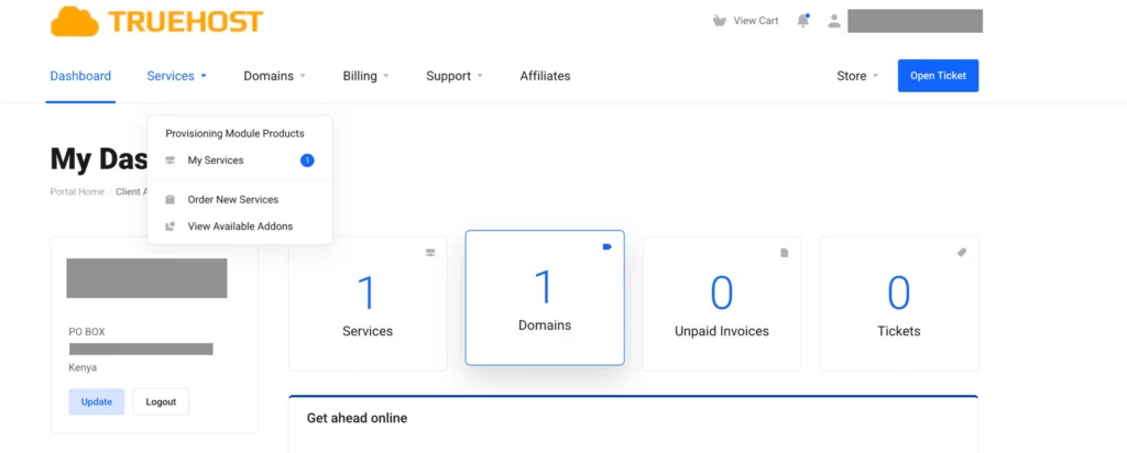 Truehost Service Section on Client Area