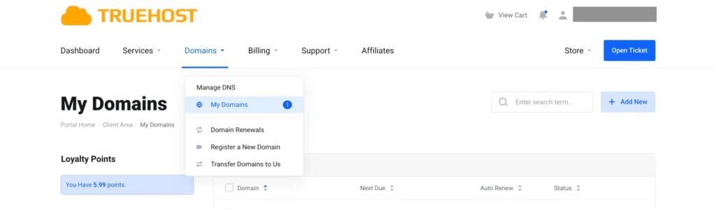 Truehost Client Area Domains Section 