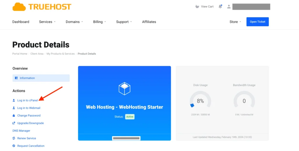 Access cPanel from Truehost Client Area