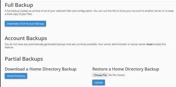 cpanel full backup section