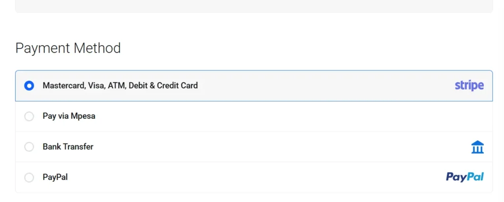 a screenshot of payment methods