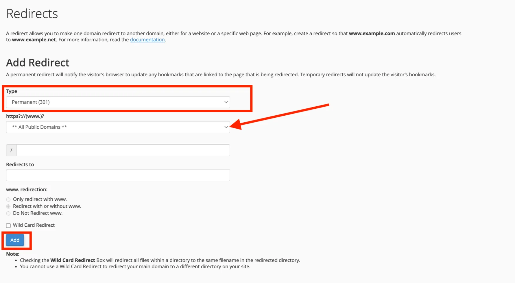 Cpanel - add redirect