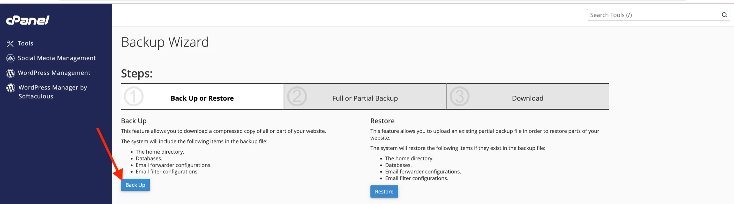 Cpanel backup page 
