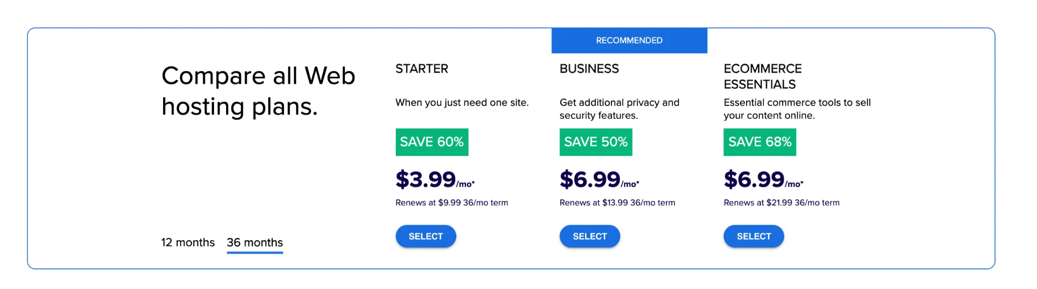 Bluehost prices screenshot