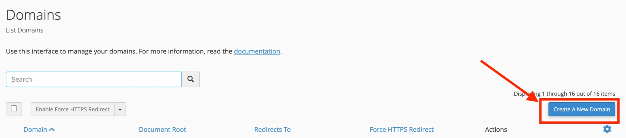 Cpanel - Create new Domain Screenshot