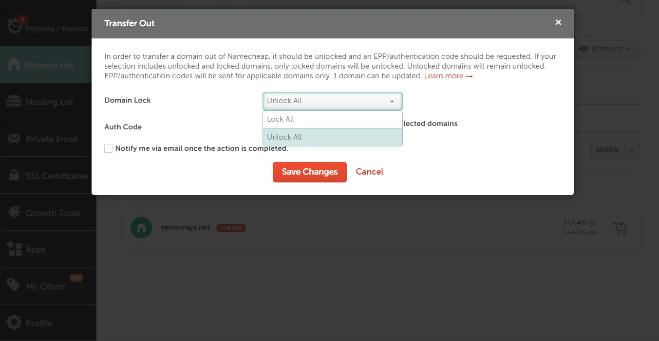 domain transfer checklist - unlock domain