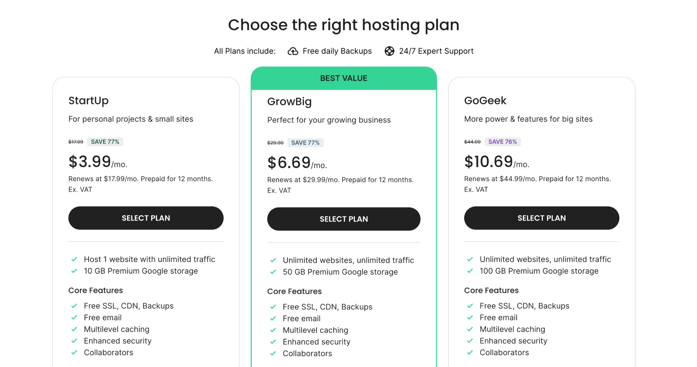 SiteGround hosting plan screenshot