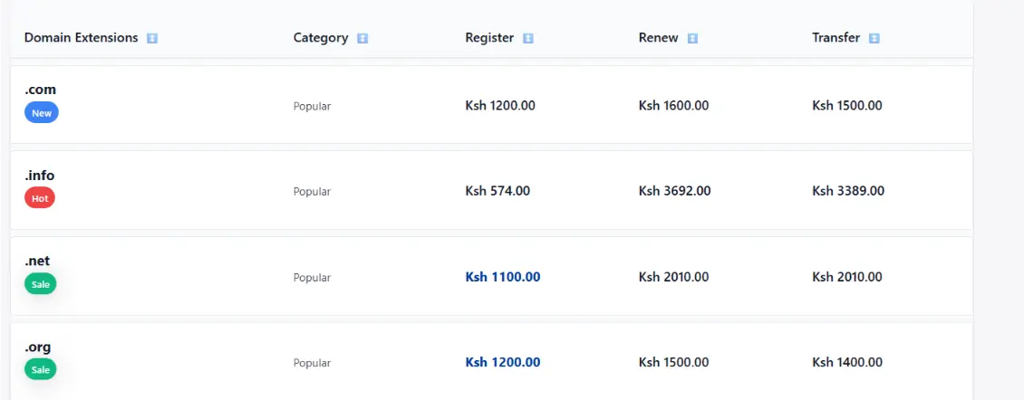 a screenshot of prices showing registering and renewal prices