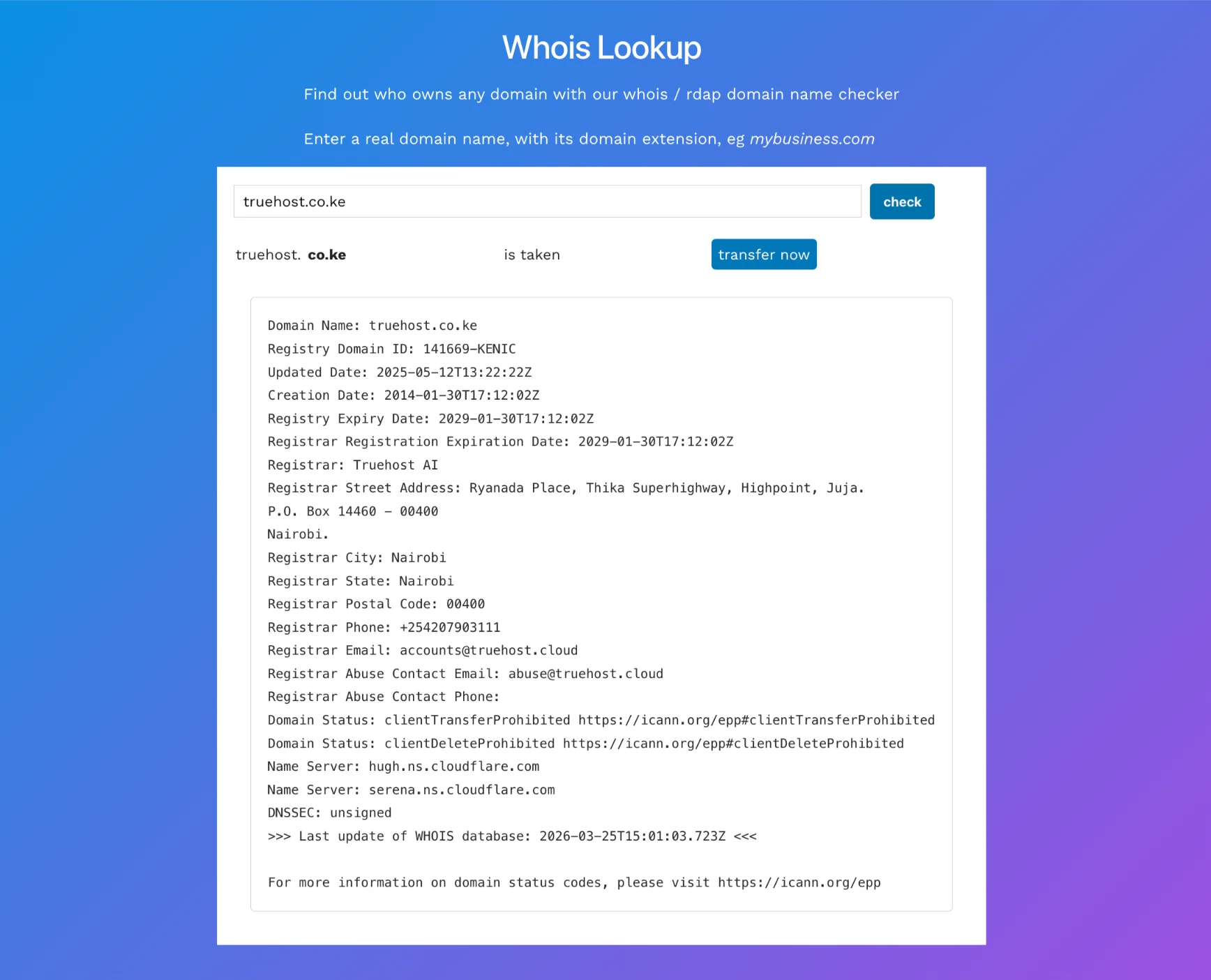 image of Truehost Whois Lookup in action