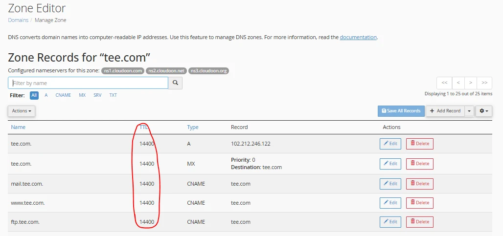 cPanel TTL
