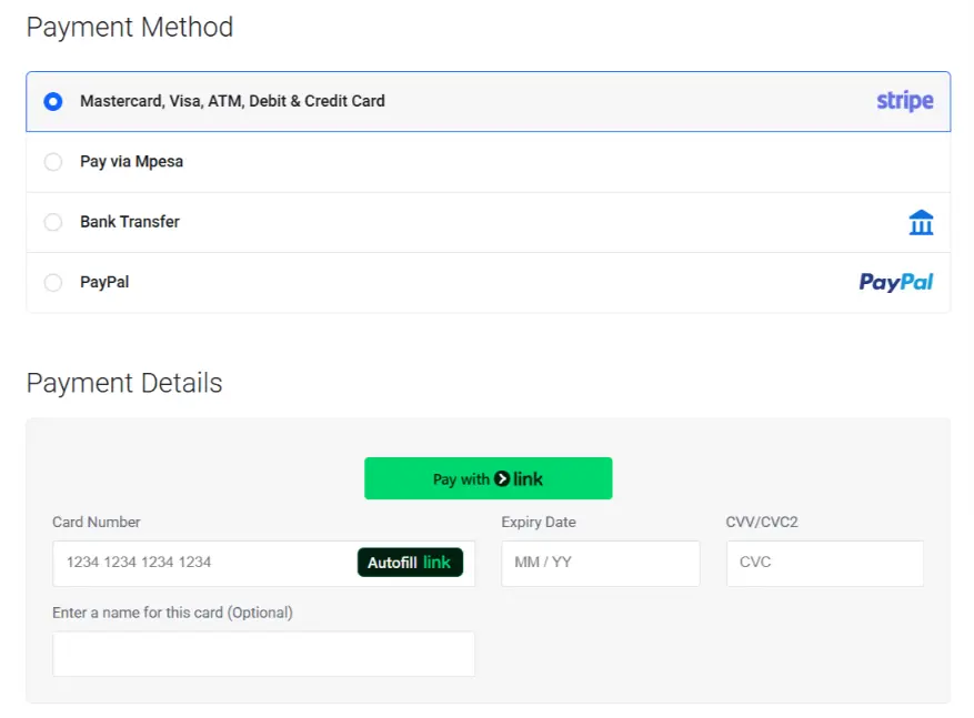a screenshot of payment methods options