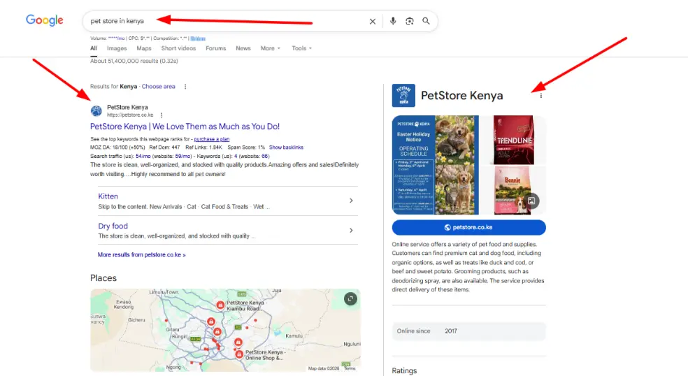 a screenshot showing search an an exact match domain result