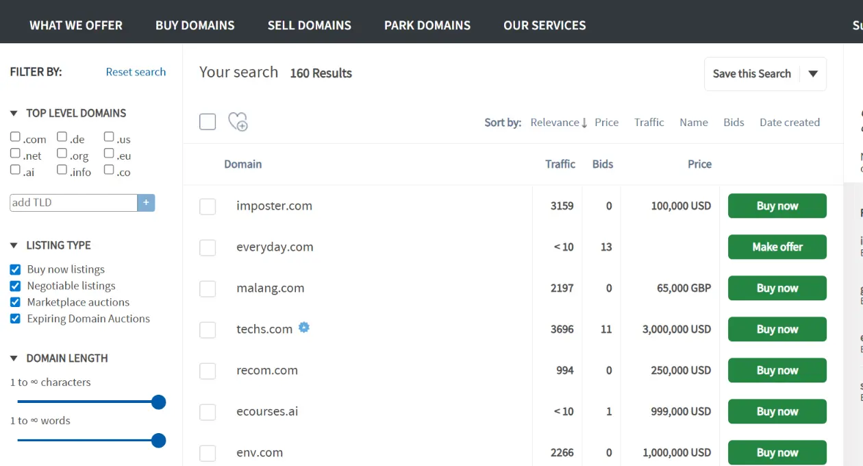 a screenshot of premium domains on sale