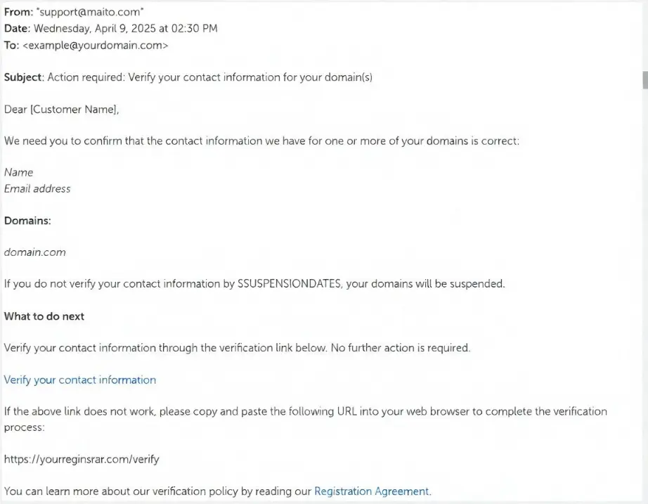 an image of an Example of a Verification Email (Sent for New Domain Registrations):