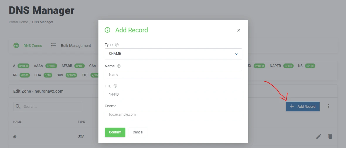 Add subdomain record