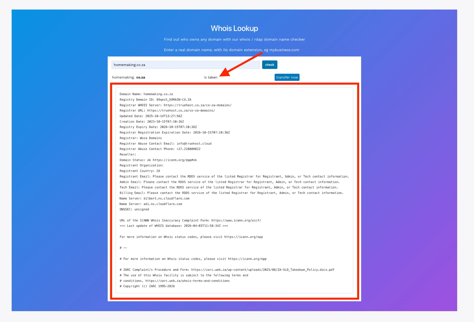 Truehost WHOIS Lookup in action