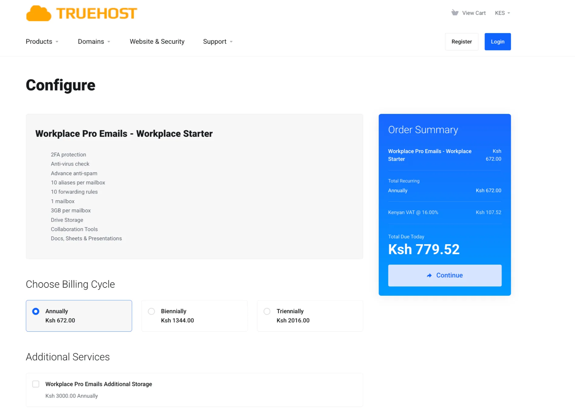 Truehost Email Hosting checkout process