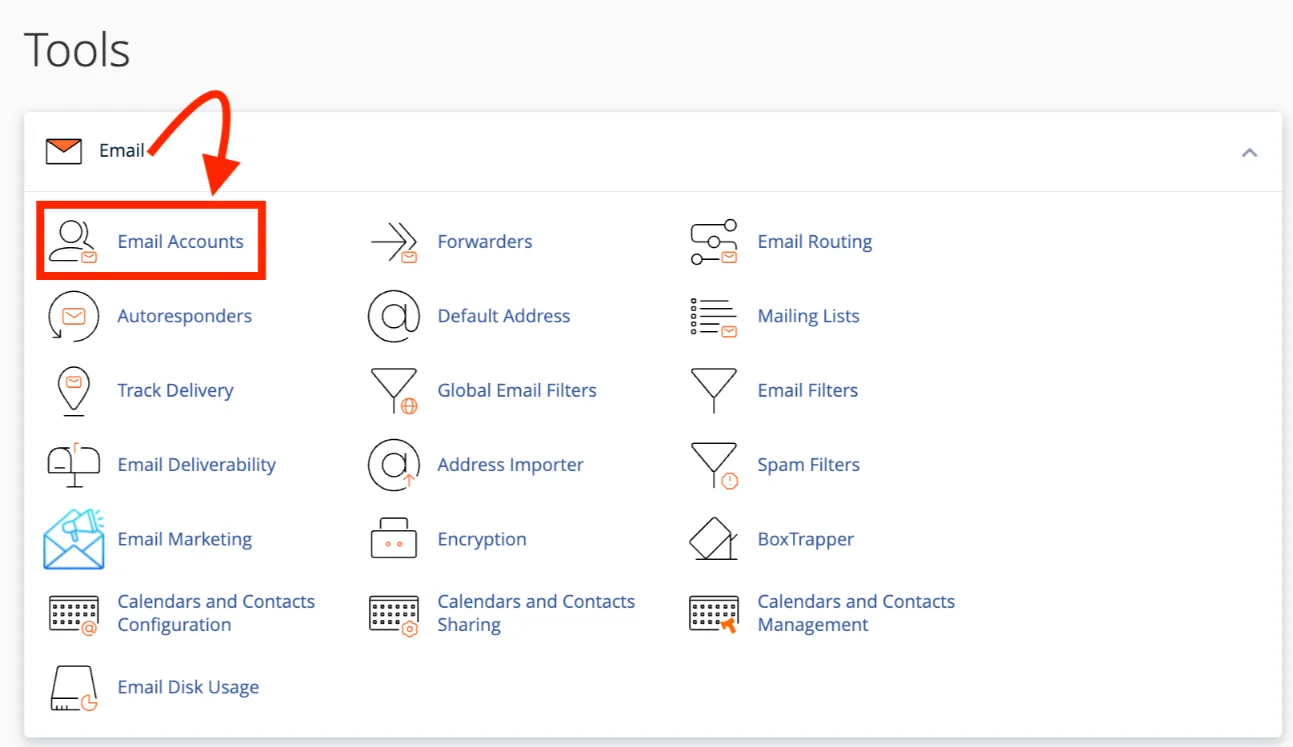 Email accounts cPanel screenshot