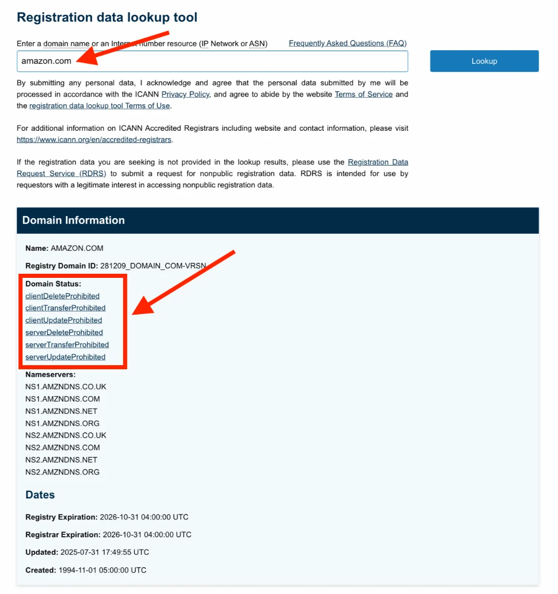 Amazon.com domain status using ICANN Lookup