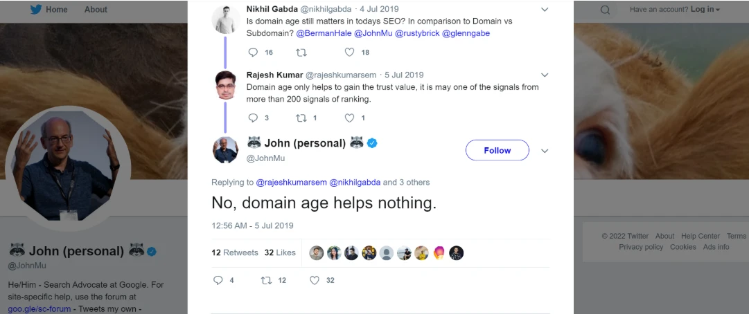 John Mueller twitter comment on Domain age SEO